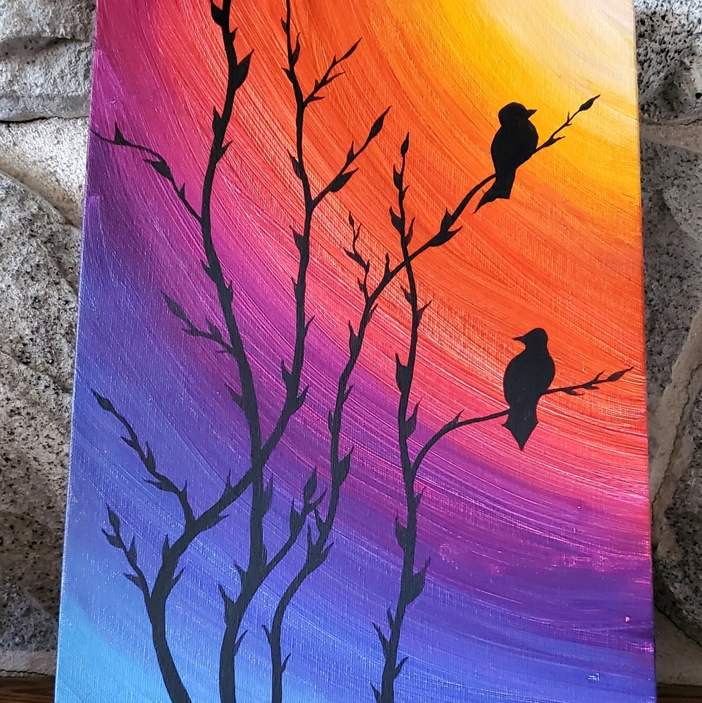 Black Tree with Birds Silhouette Acrylic Painting